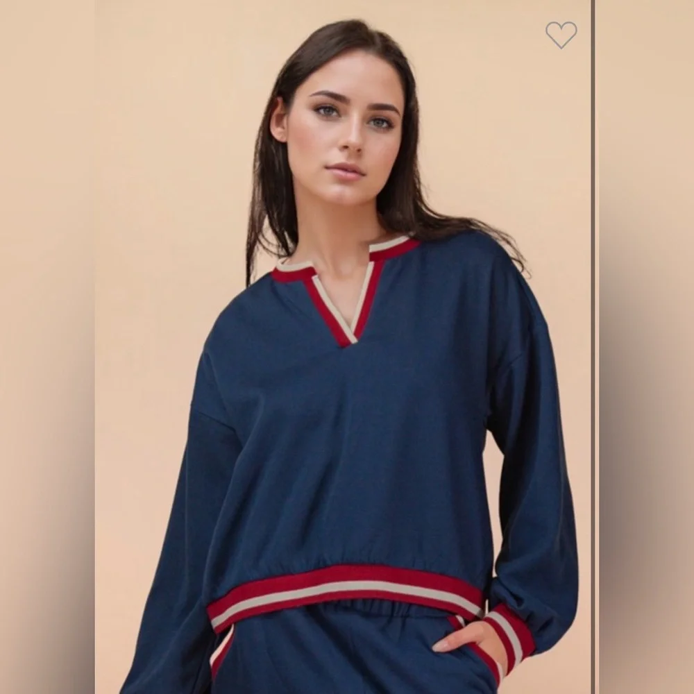 Nwt Color Block Band Detail Comfy Knit Top & Pant Set